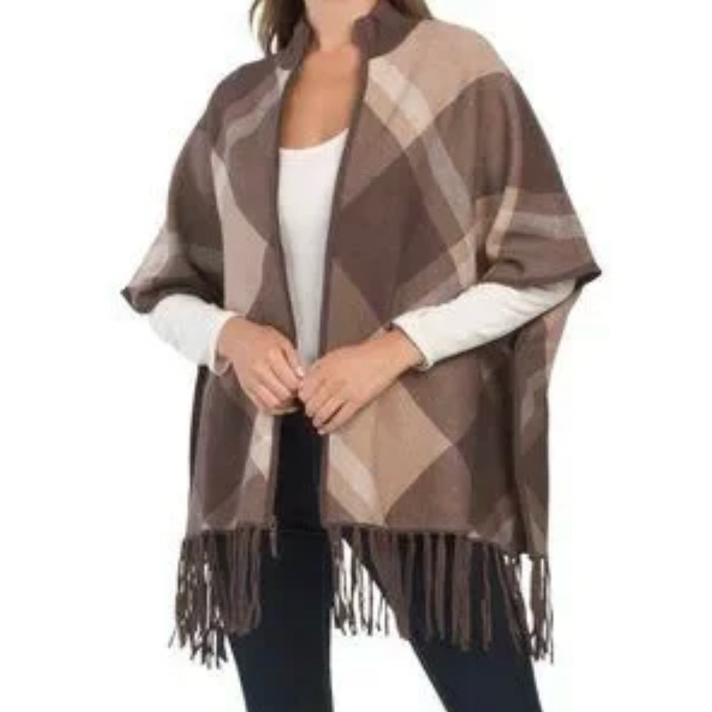 Rachel Zoe Zip Front Poncho Sweater Tan & Green Plaid Size S/M
